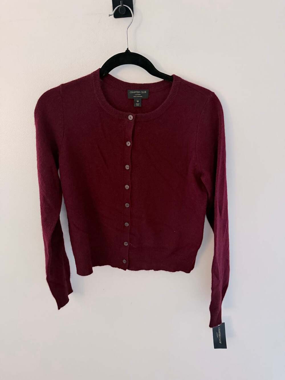 NWT Charter Club 100% Cashmere Burgundy Red Button-Up Cardigan-Size XS